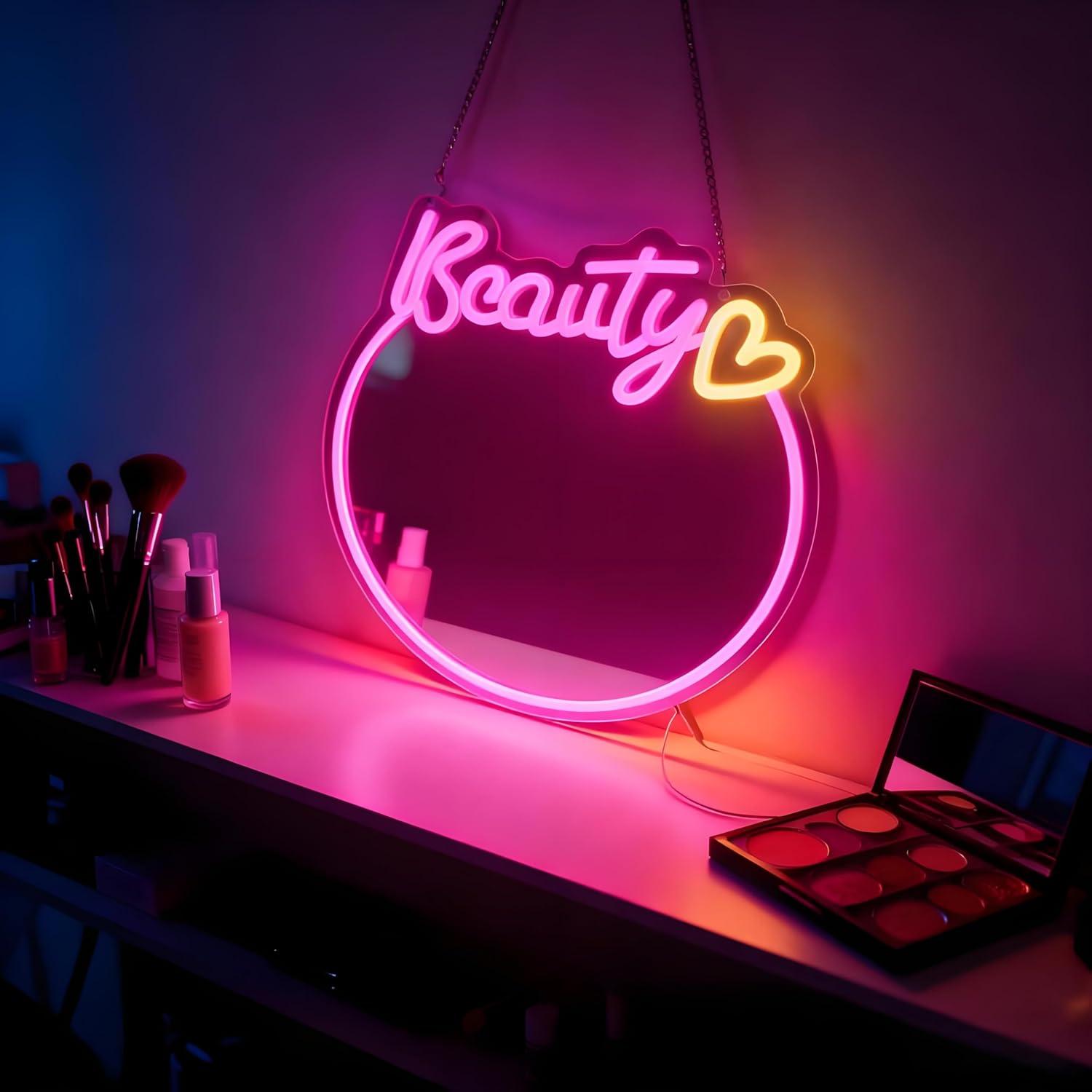 Beauty No Makeup - Miroir de beauté avec enseigne néon,